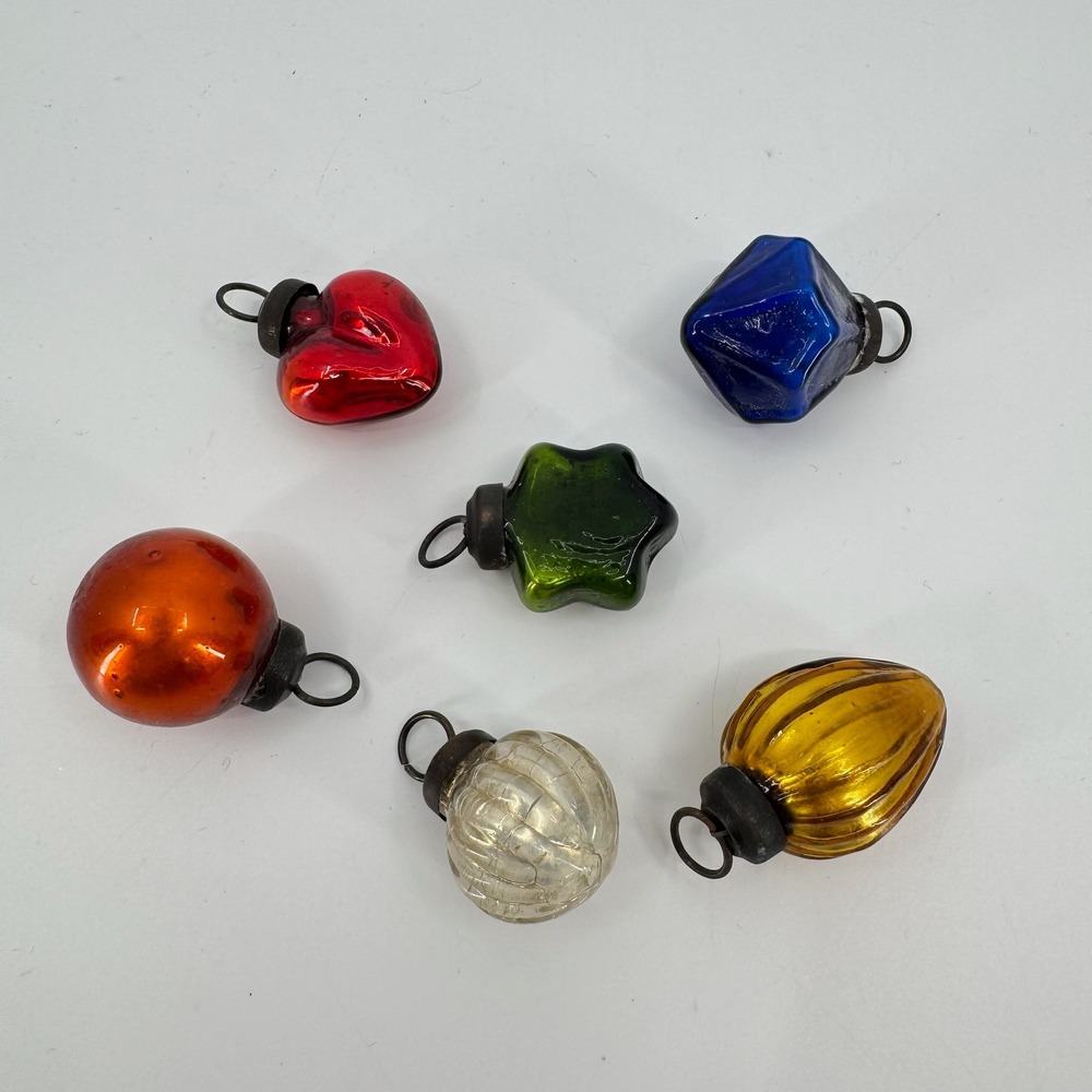 Vtg 90s Mini Glass Christmas Tree Ornaments LOT of 6 Heart Star Ball Jewel Decor